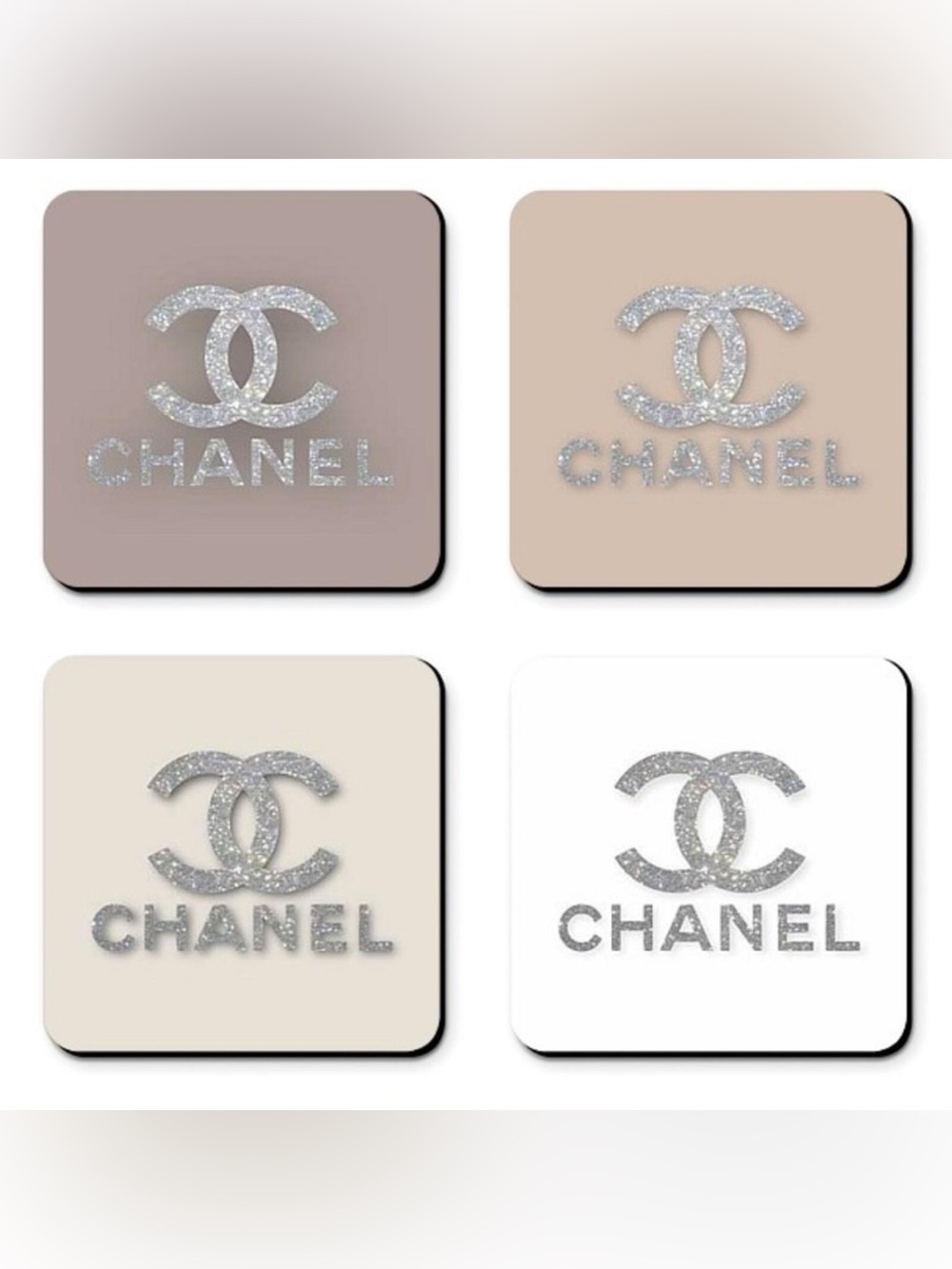 CHANEL Glitter Logo Coasters in Neutral Nude Tones - Set of 4 Glossy Coasters